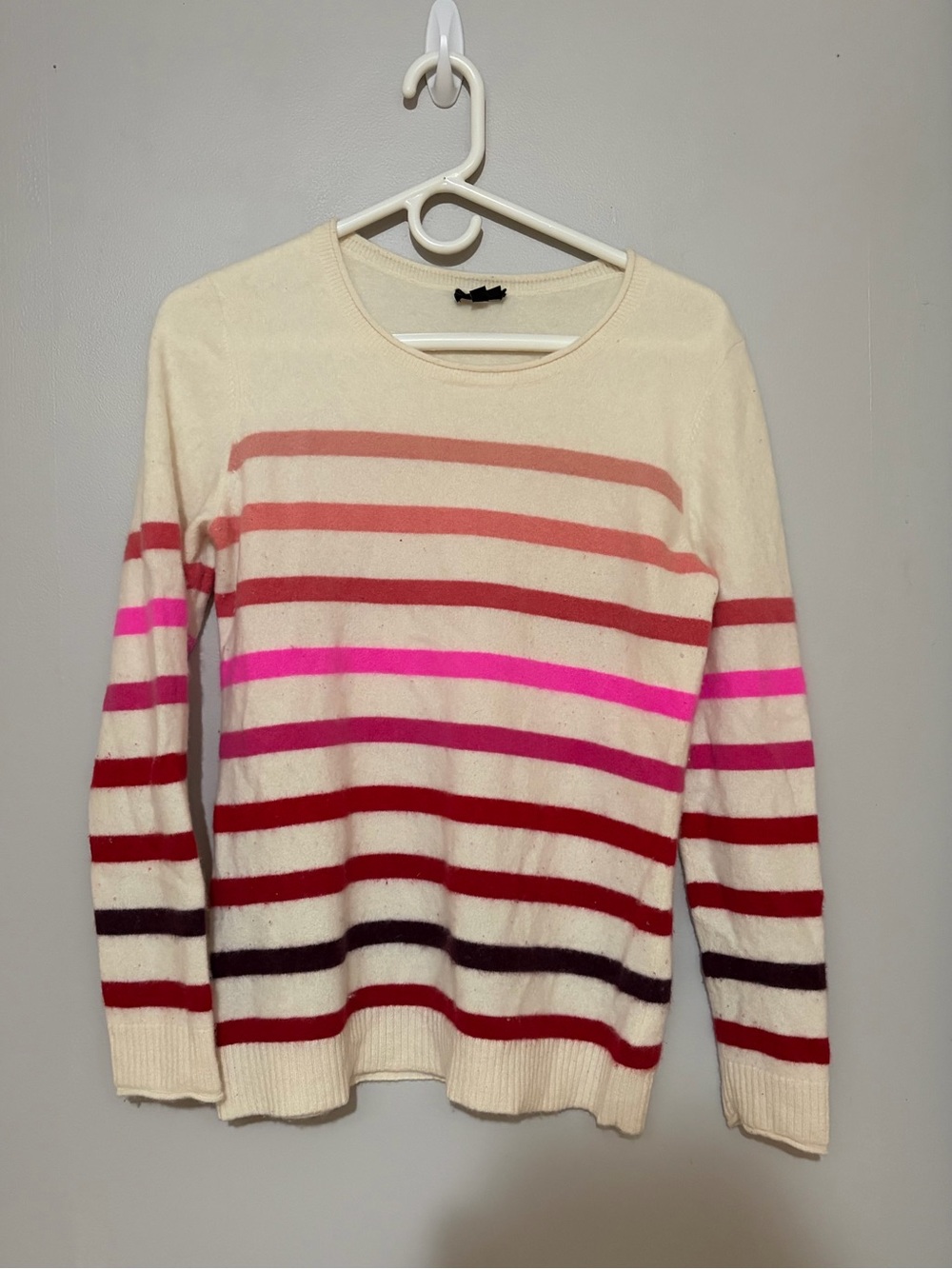 Talbots Pure Cashmere Cream Crewneck Sweater with Pink and Red Stripes